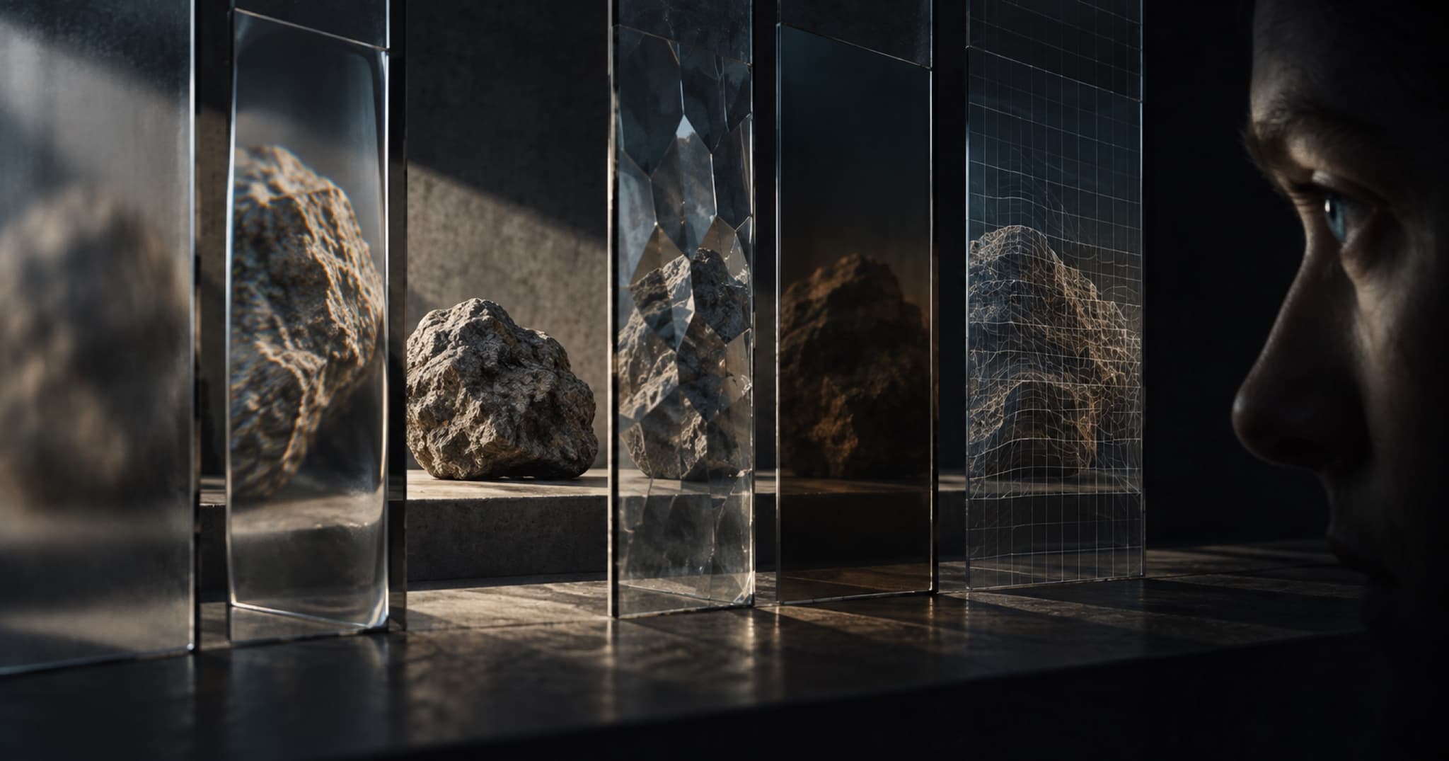 An observer looks through several optical layers at the same stone, each layer producing a different representation while the stone itself remains available to be encountered.