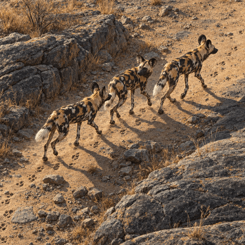 Three mottled African wild dogs trot closely across ochre sand and gray bedrock, with broken trails of pawprints behind them and long shadows to one side.