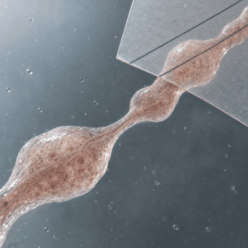 A translucent rose-colored axon with uneven swellings and fine internal fibers runs diagonally across a gray field. A clear sheet bearing two straight parallel lines overlaps its upper-right section, while a narrow central connection is sharply illuminated.