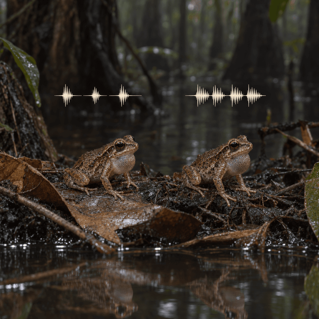 Two nearly identical mottled brown frogs sit on wet leaves beside dark water, their throats slightly expanded. Ivory waveform traces above them show separated pulse packets on the left and tightly grouped pulses on the right. Blurred trunks recede into the shadowed forest.