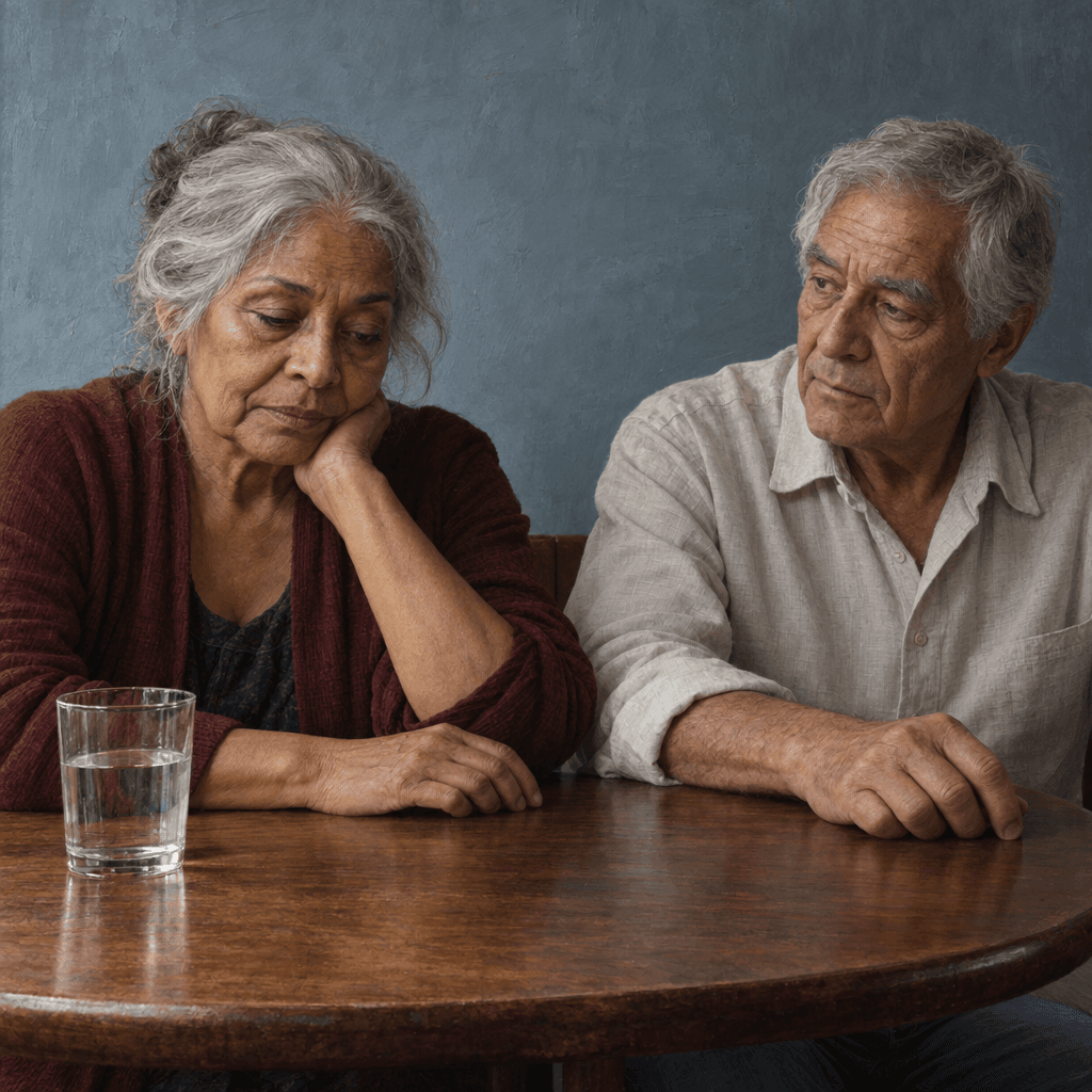 An oil painting of a silver-haired woman and a gray-haired man seated beside each other at a walnut table. Her eyes are lowered, and his face turns toward her. Their hands rest a few centimeters apart, with a glass of water nearby. Soft daylight falls across their faces against a blue-gray wall.