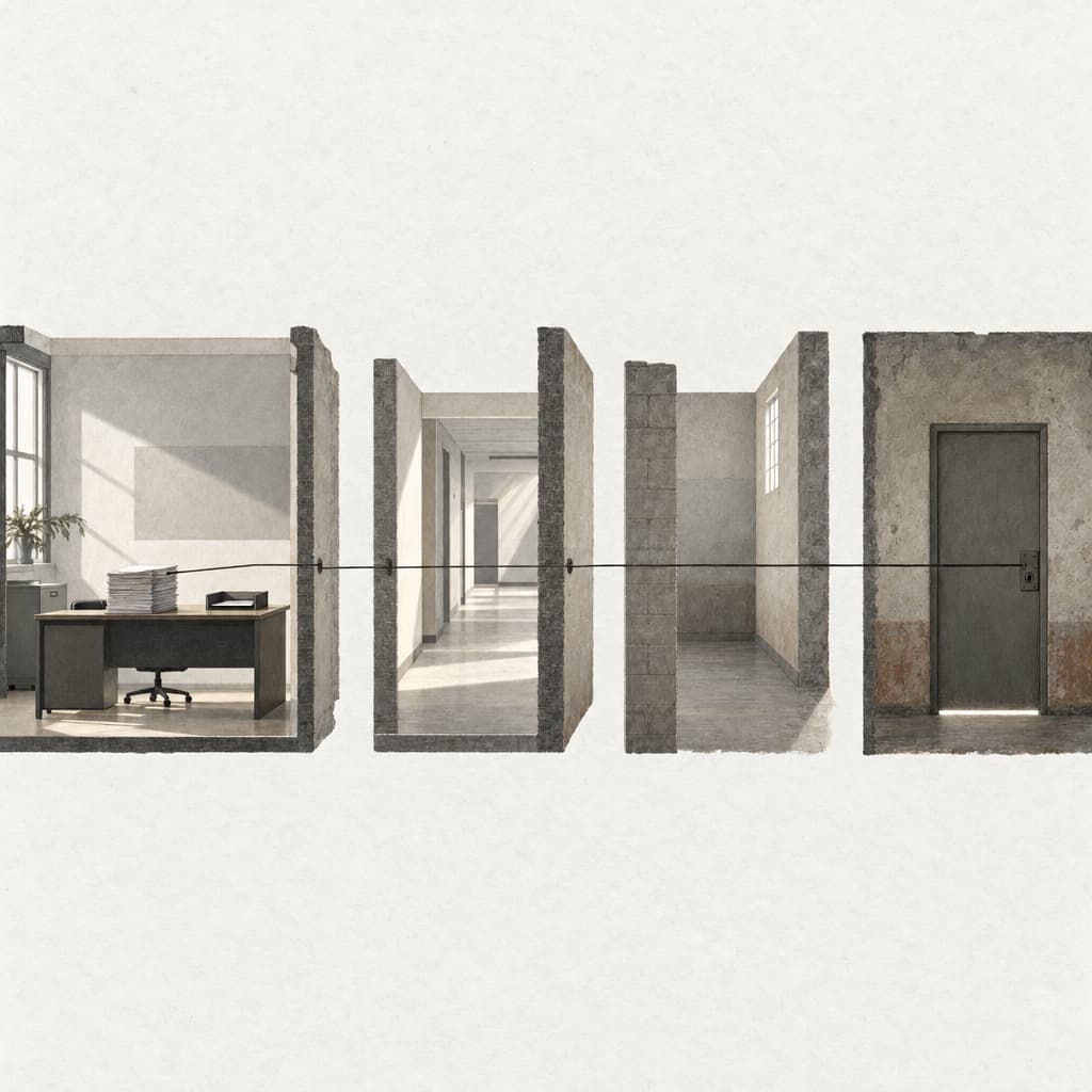 A dark line runs from transfer papers on a lit desk, across separated wall sections, to the exterior lock of a closed door.
