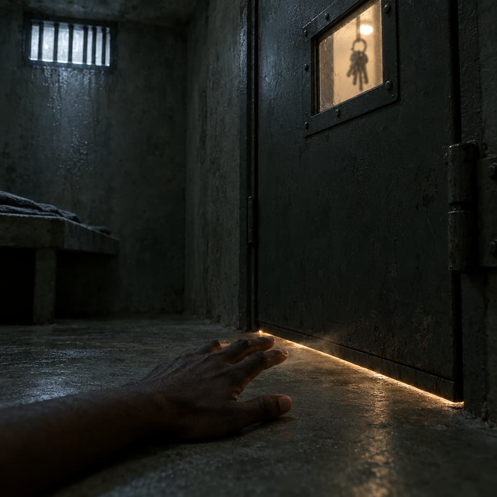 Inside a dim concrete cell, a hand rests beside the thin strip of light and air beneath a locked steel door; a small high vent casts a weak glow into the room.