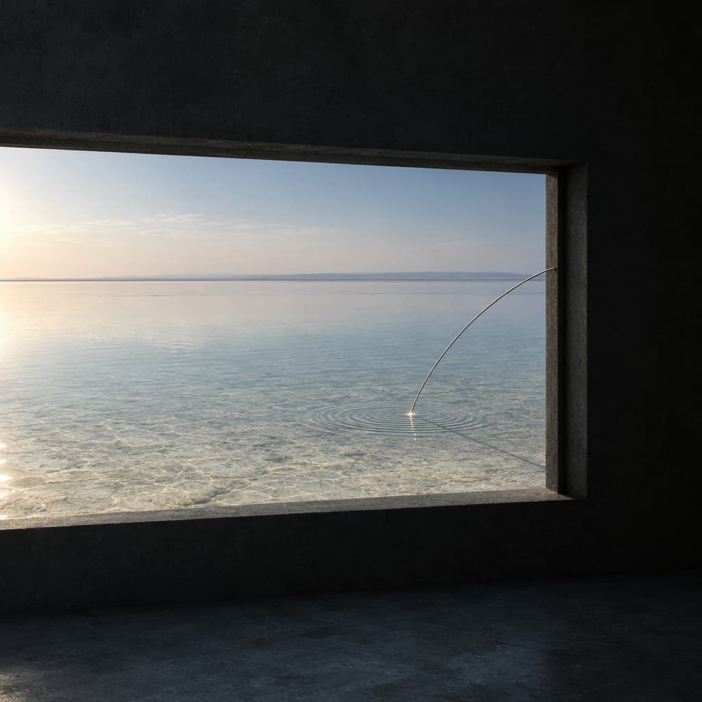 A dark observation window overlooks still shallow water while a thin filament extending from the frame touches the surface, producing a single set of ripples.