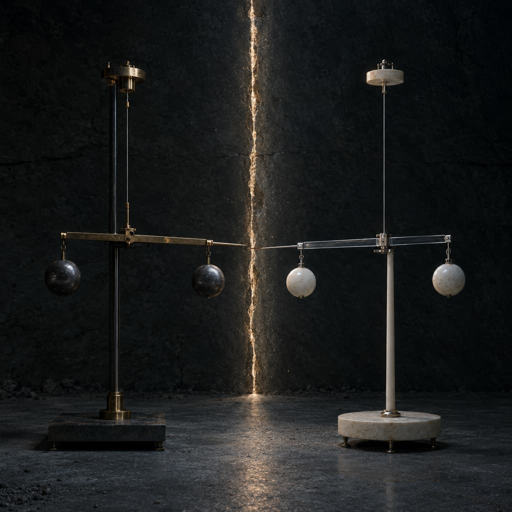 Two differently built torsion balances face across a hairline fissure, their fine pointers stopping a few millimeters apart.