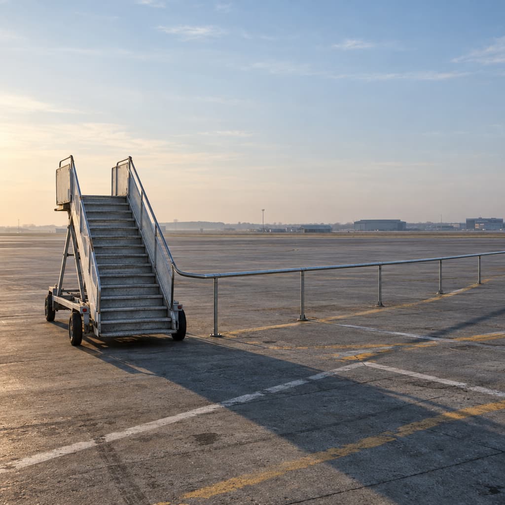 An empty mobile aircraft stair stands on a vast airport apron. One steel handrail ends normally; the other turns at ground level and continues across painted airfield markings beyond the frame.