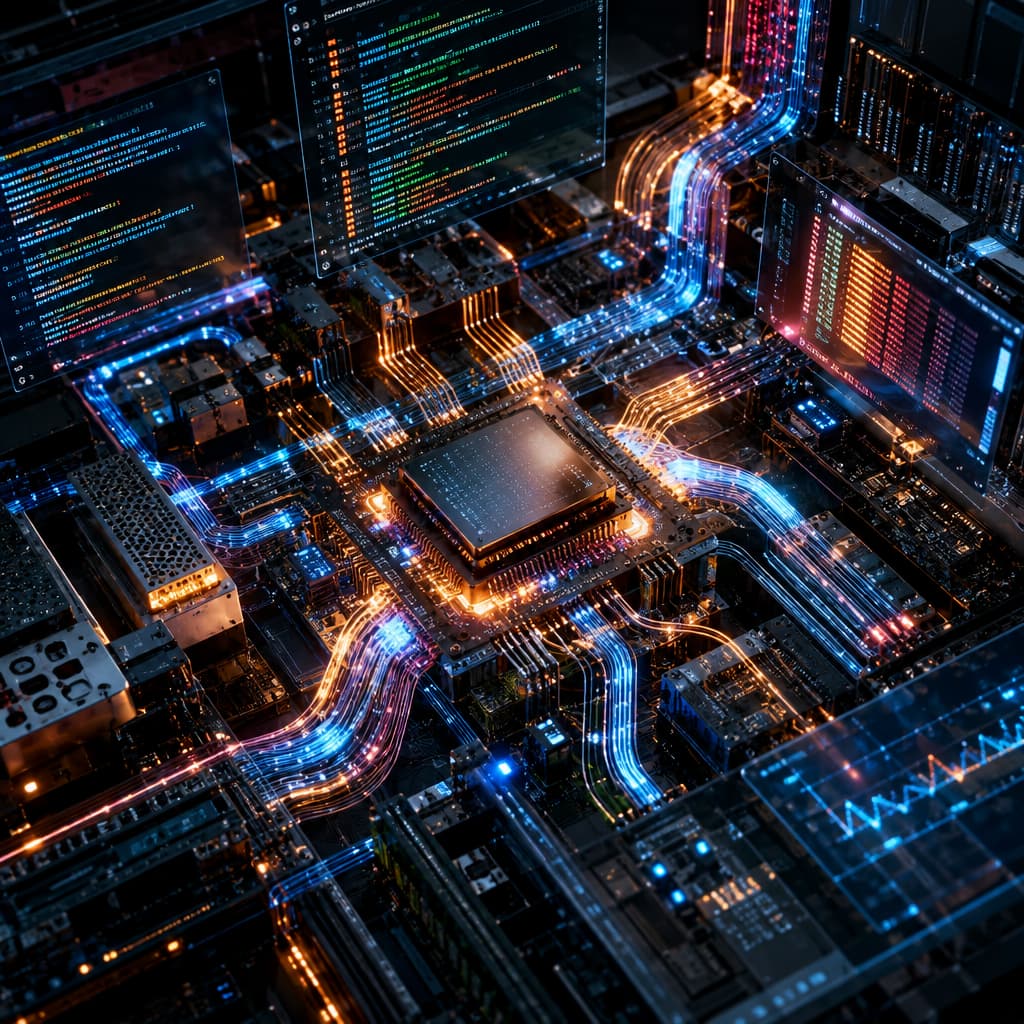 A deconstructed computer showing intricate data flow