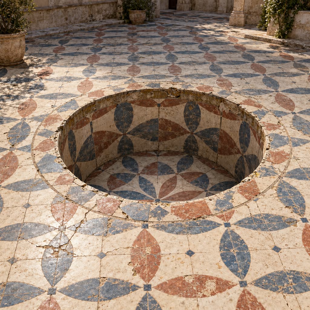 A weathered tiled courtyard appears continuous until a chipped rim reveals that part of the pattern lies at the bottom of a deep shaft.