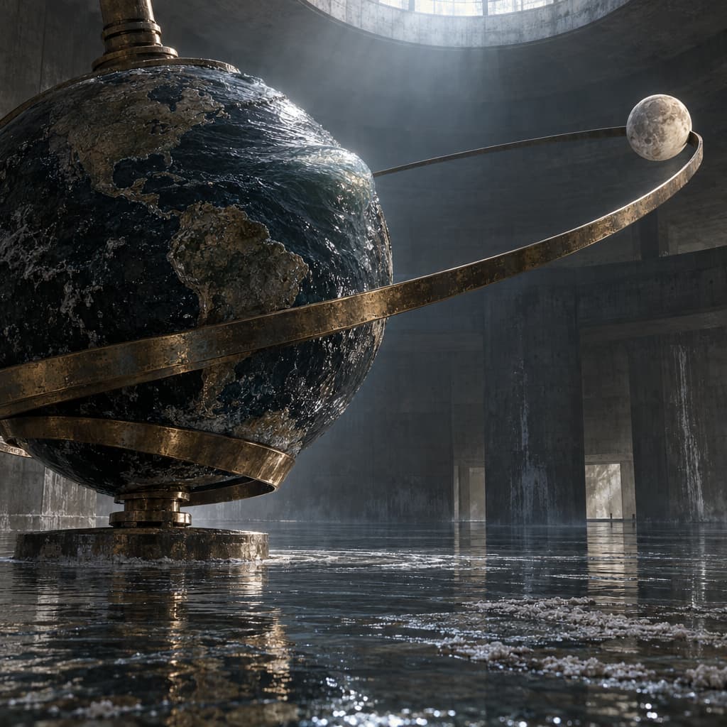 In a dark, flooded hall, a wet basalt Earth turns as a bronze band unwinds from its spindle into the path of a small alabaster Moon.