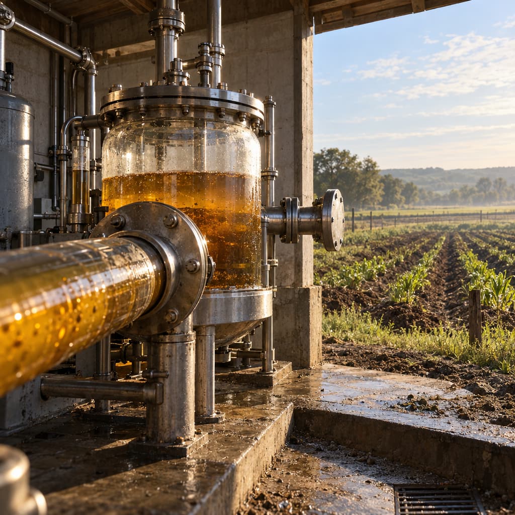 At the edge of a plowed field, a narrow pipe carrying amber liquid enters a thick glass-and-steel treatment vessel. Its field-facing outlet remains closed and dry, aligned with the furrows beyond as if the interrupted line could continue into the soil.