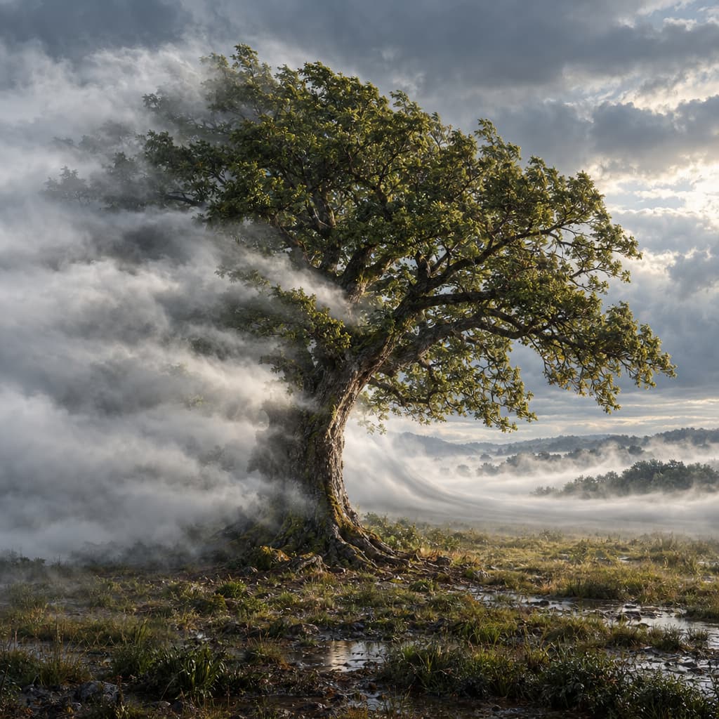 A mature tree stands against a hard crosswind as low mist divides around its crown and trunk, leaving a long clear wake above rain-darkened soil.