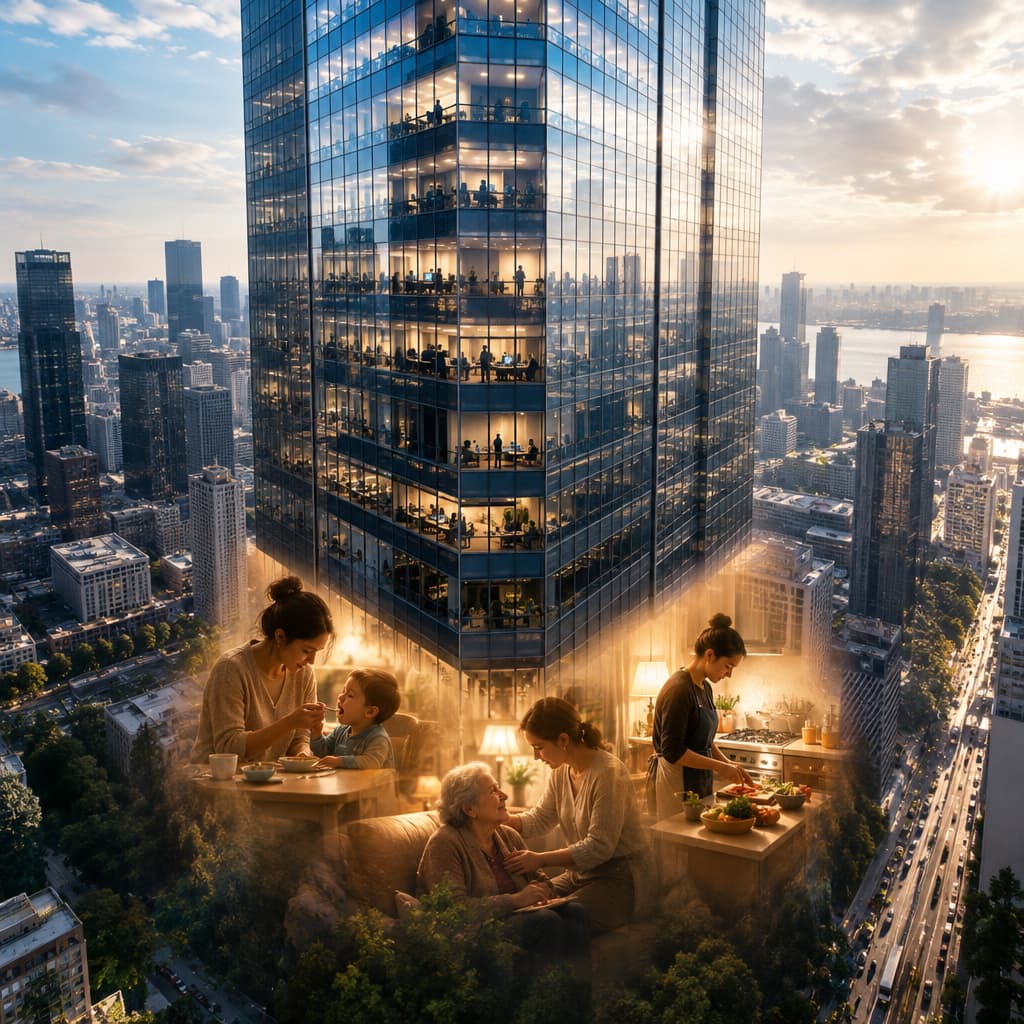 An office tower supported by invisible domestic care work