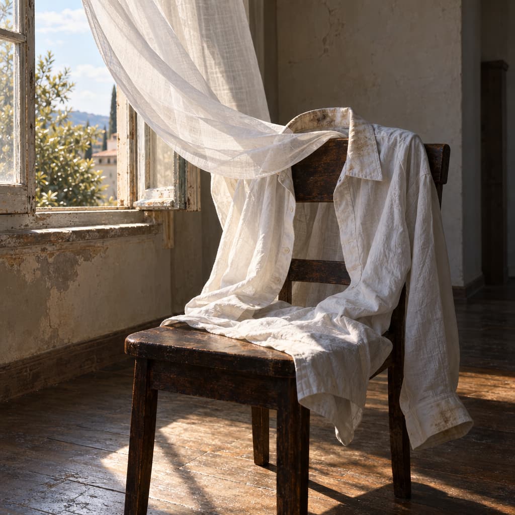 A pale cotton shirt lies across a dark wooden chair beside an open window. A moving curtain passes through its empty collar and sleeve, while faint wear remains visible along the fabric that touched the neck and wrists.