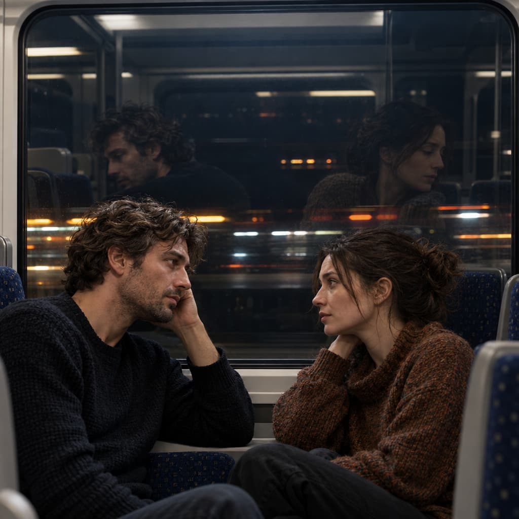 Two adults sit close together in a moving night train, facing each other in silence. One watches the other’s face with intense concentration while their doubled window reflections appear to look away in opposite directions.