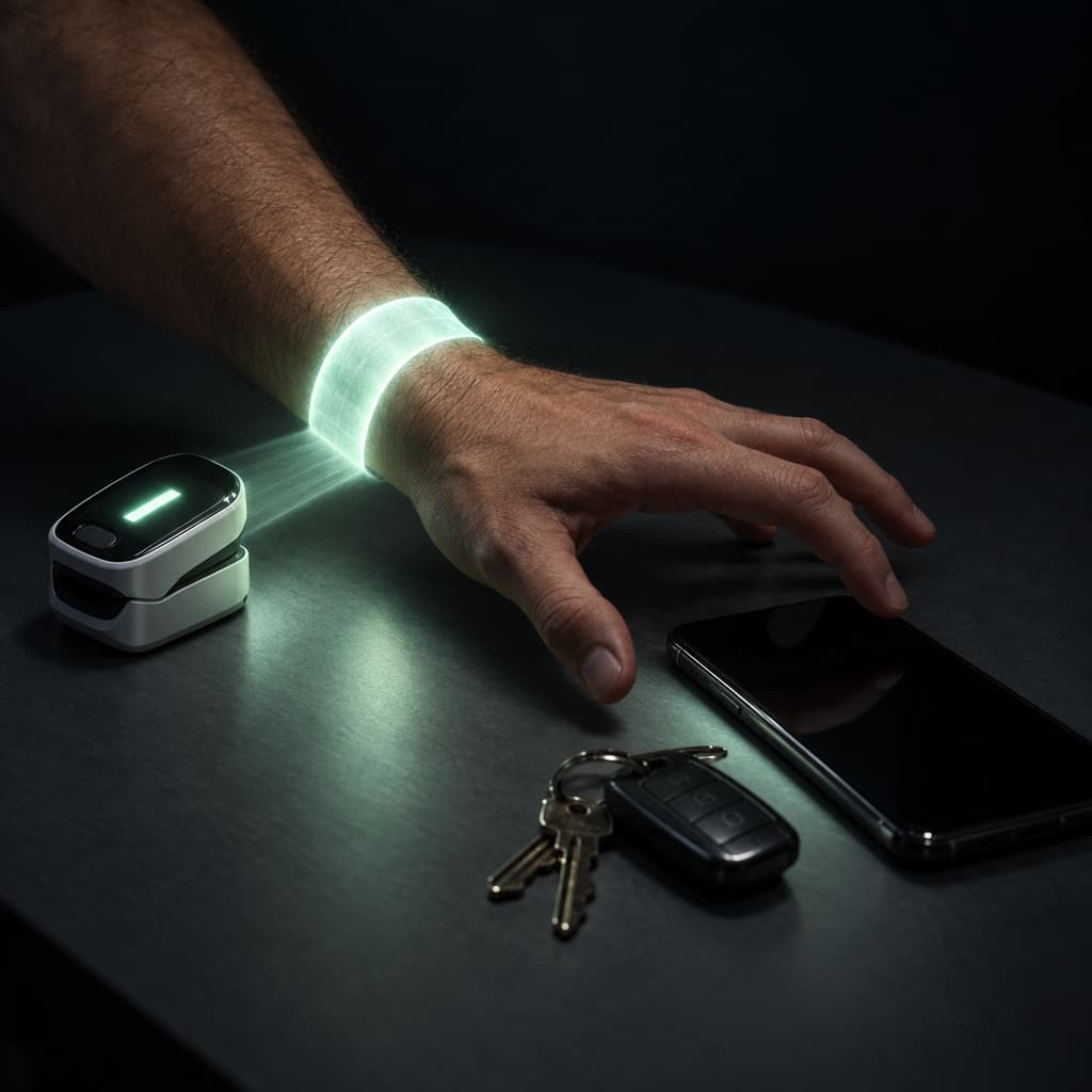 A calm medical display on a bare table casts an impossible band of light around a nearby wrist, gently restraining the hand from reaching a phone and keys.