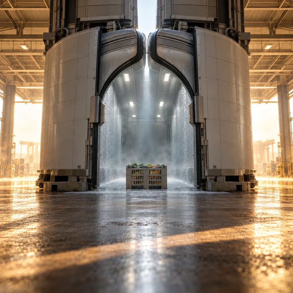 A motionless crate of partly visible, unidentifiable produce sits inside a clear pocket of cool, lightly misted air as two insulated sections of a transfer hall close around it. Hot sunlight and heat shimmer remain outside the enclosure.