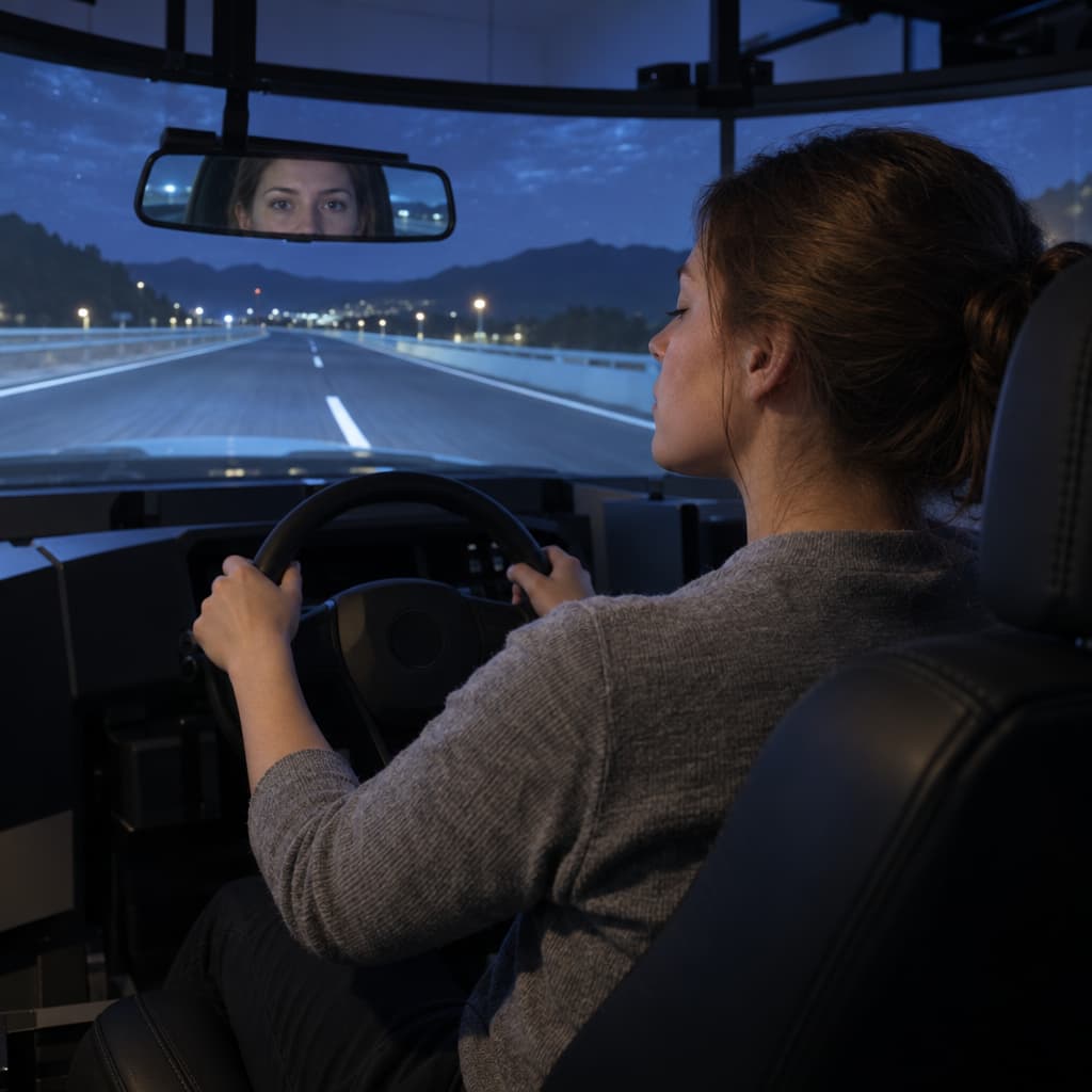 In a dark driving simulator, a seated participant’s eyes are briefly closed as the projected car drifts slightly across a lane line, while the rearview mirror impossibly reflects the same face with eyes open.