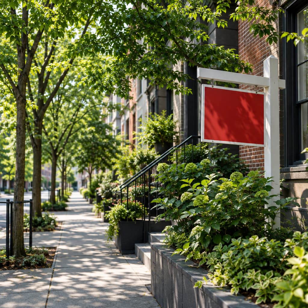 A tree-lined urban street with a 'For Rent' sign in the foreground.