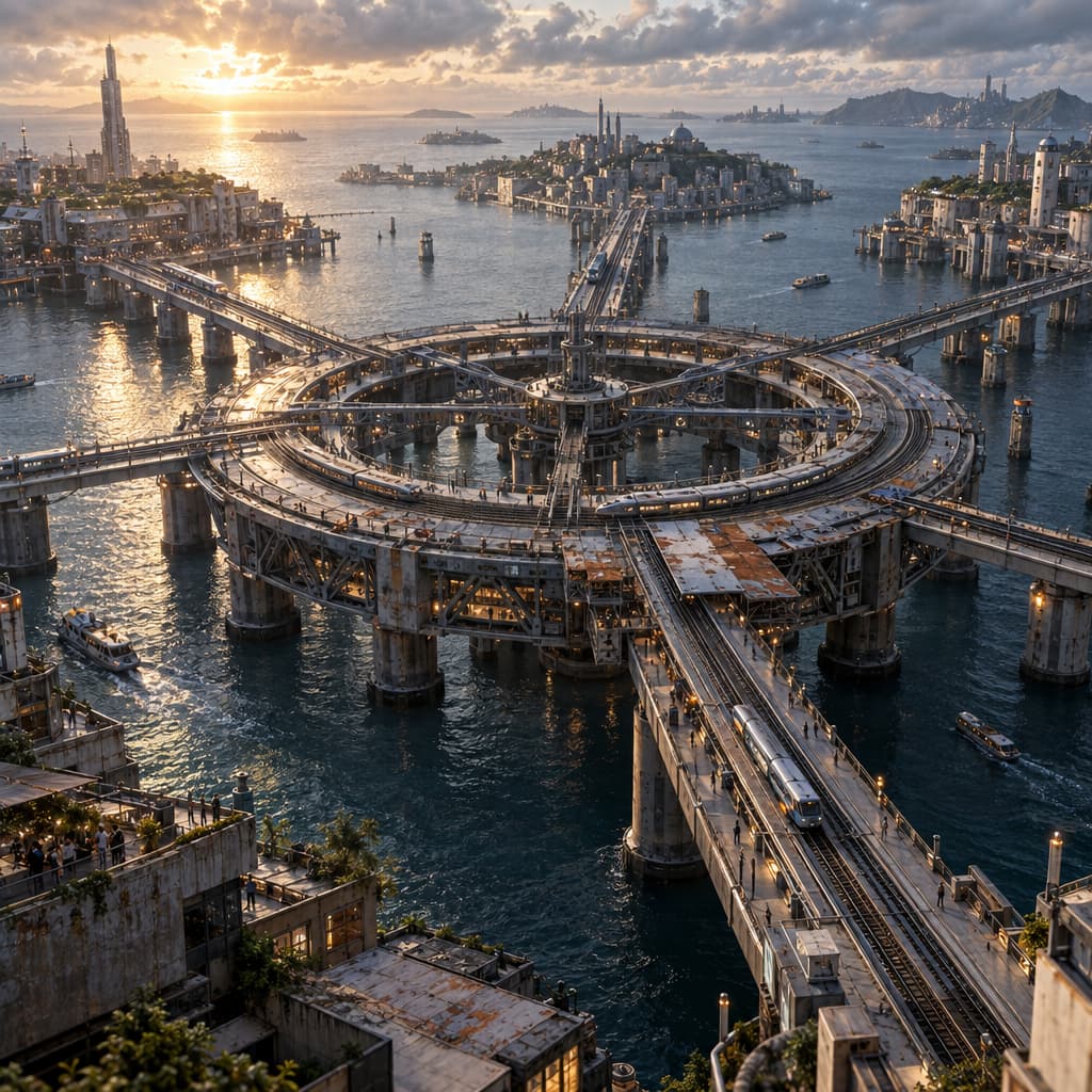 A vast circular transit deck turns above a tidal city, bringing its rail lines toward several elevated causeways. The weathered mechanism shows repaired access panels and ongoing wear, while every surrounding route remains physically reachable.