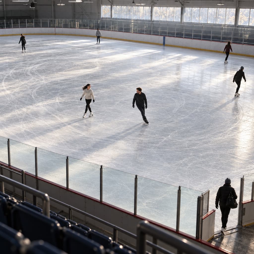 High oblique view of a public ice rink where several people skate alone along heavily scored loops. Two passing skaters briefly turn their heads toward each other, while another leaves through an open gate.