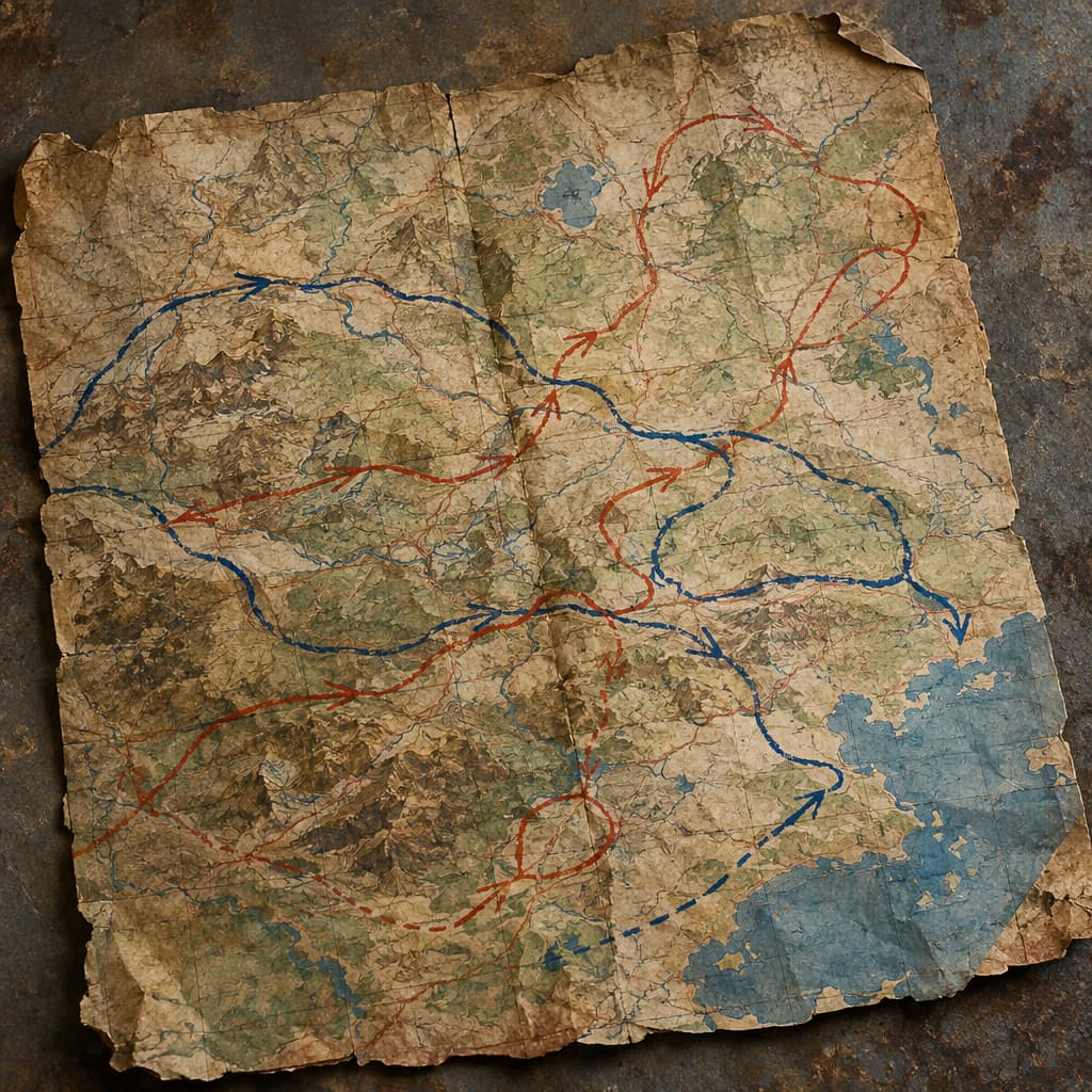 A weathered, partially erased map with new paths drawn over it, suggesting uncertainty and transformation.