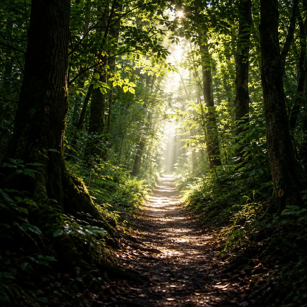 A dense forest path gradually illuminated by sunlight breaking through a canopy of leaves.