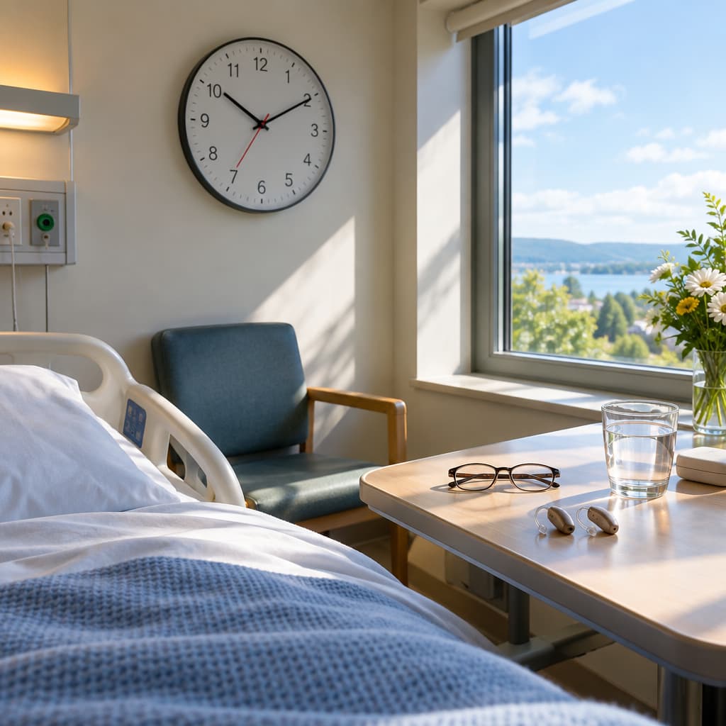 Hospital room bathed in natural light with large clock