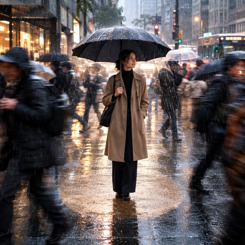 A person holding an umbrella in a rainstorm, creating a small bubble of dry space around them, symbolizing personal boundaries.