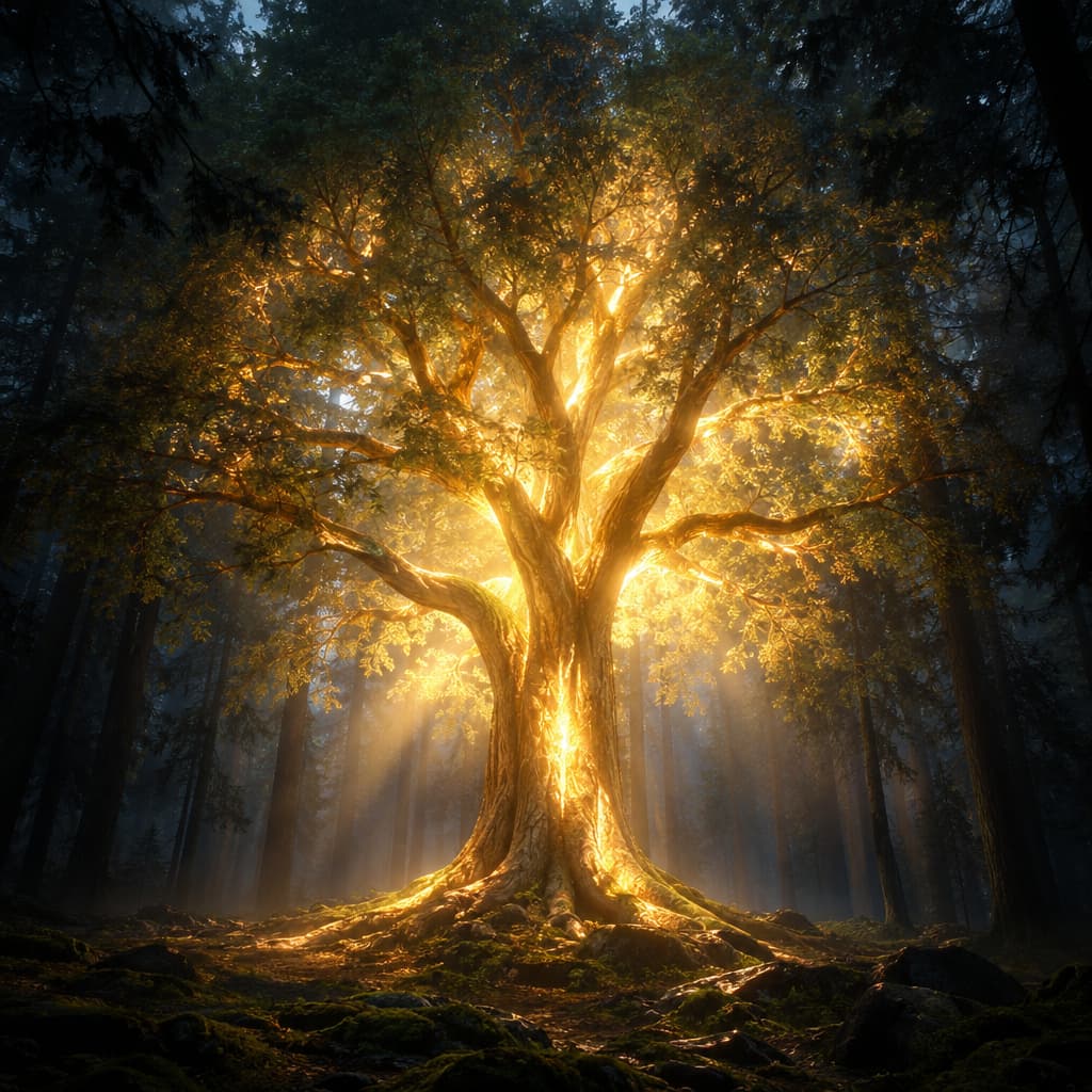 A lone tree glowing with internal light in a dark forest.