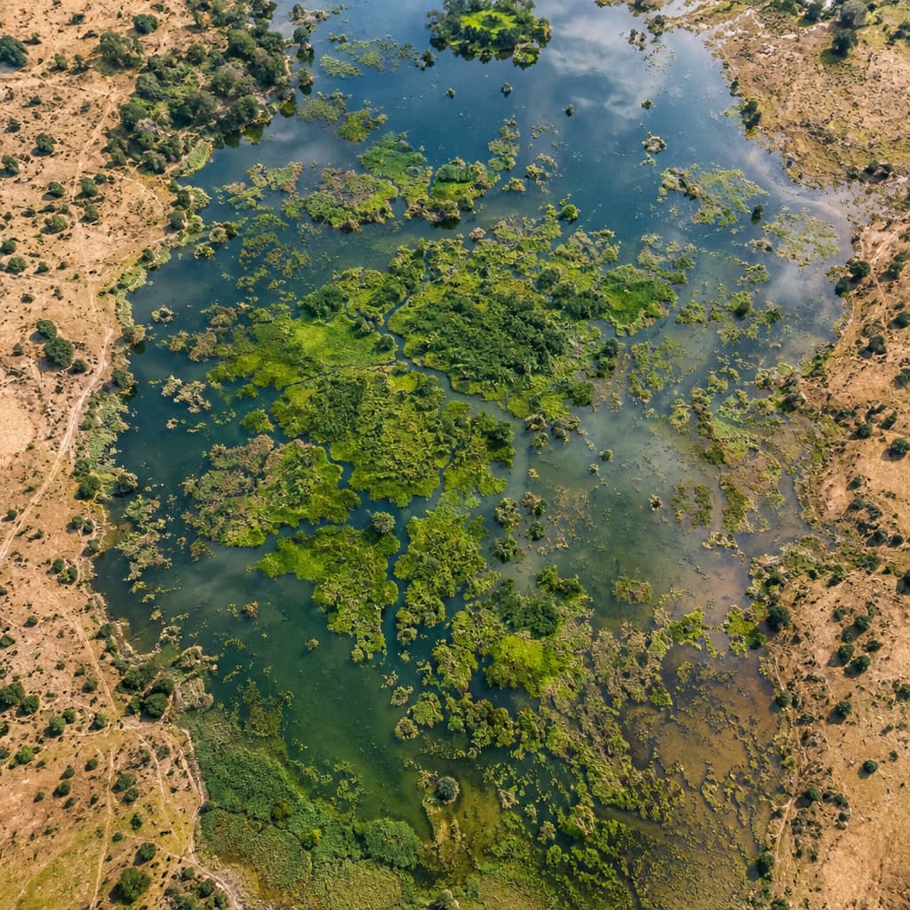 A thin stream crosses an inclined, layered terrain model. Where a dark, absorbent patch is missing, water runs into one low porcelain basin and spills over; nearby basins remain dry.