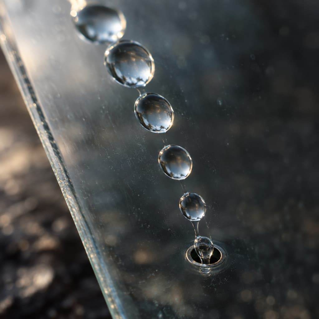 Clear water droplets line up on a slanted pane above a tiny drain; one enters while the rest remain waiting.