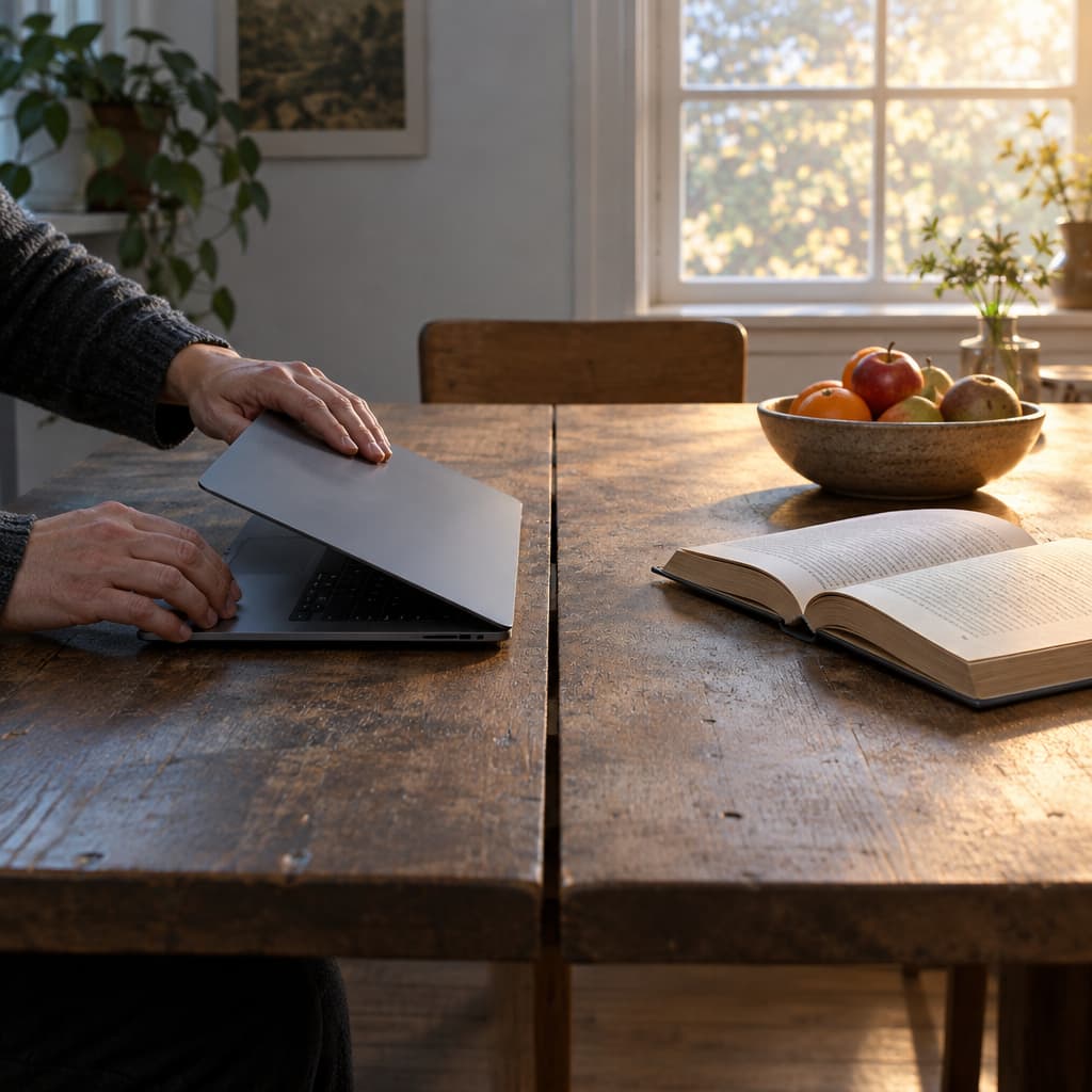 A worker closes a laptop at the end of a long shared table; beyond a narrow seam, the same table holds a bowl of fruit and an open book in warm afternoon light.