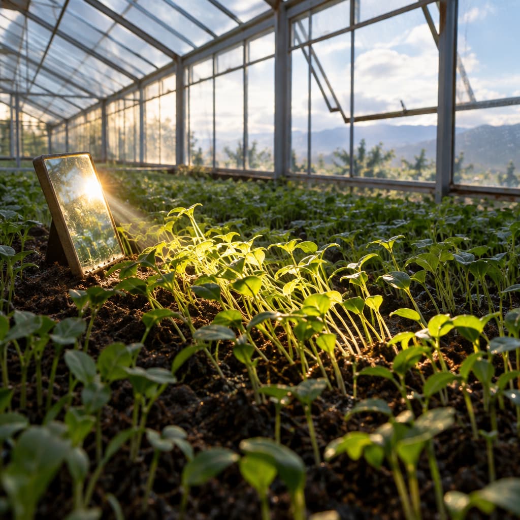 In a vast greenhouse, seedlings lean toward a bright patch of sunlight reflected by a small angled mirror, though soft daylight also enters through open panes.