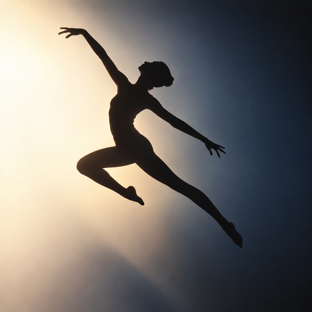 Silhouetted figure captured in motion, creating fluid shapes with their body, against a gradient background that shifts from light to shadow.