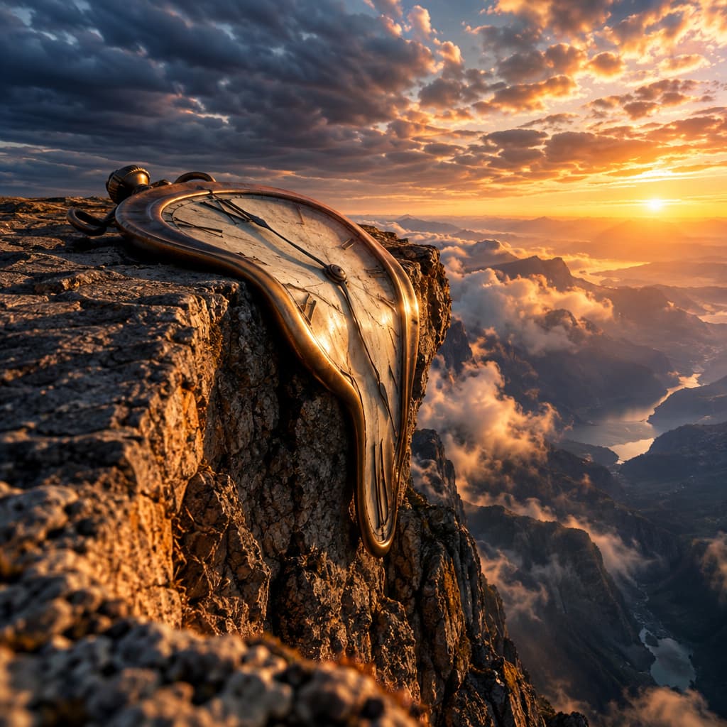 A surreal scene with a distorted clock melting over a jagged cliff edge, with elongated shadows stretching into a dramatic sunset sky.