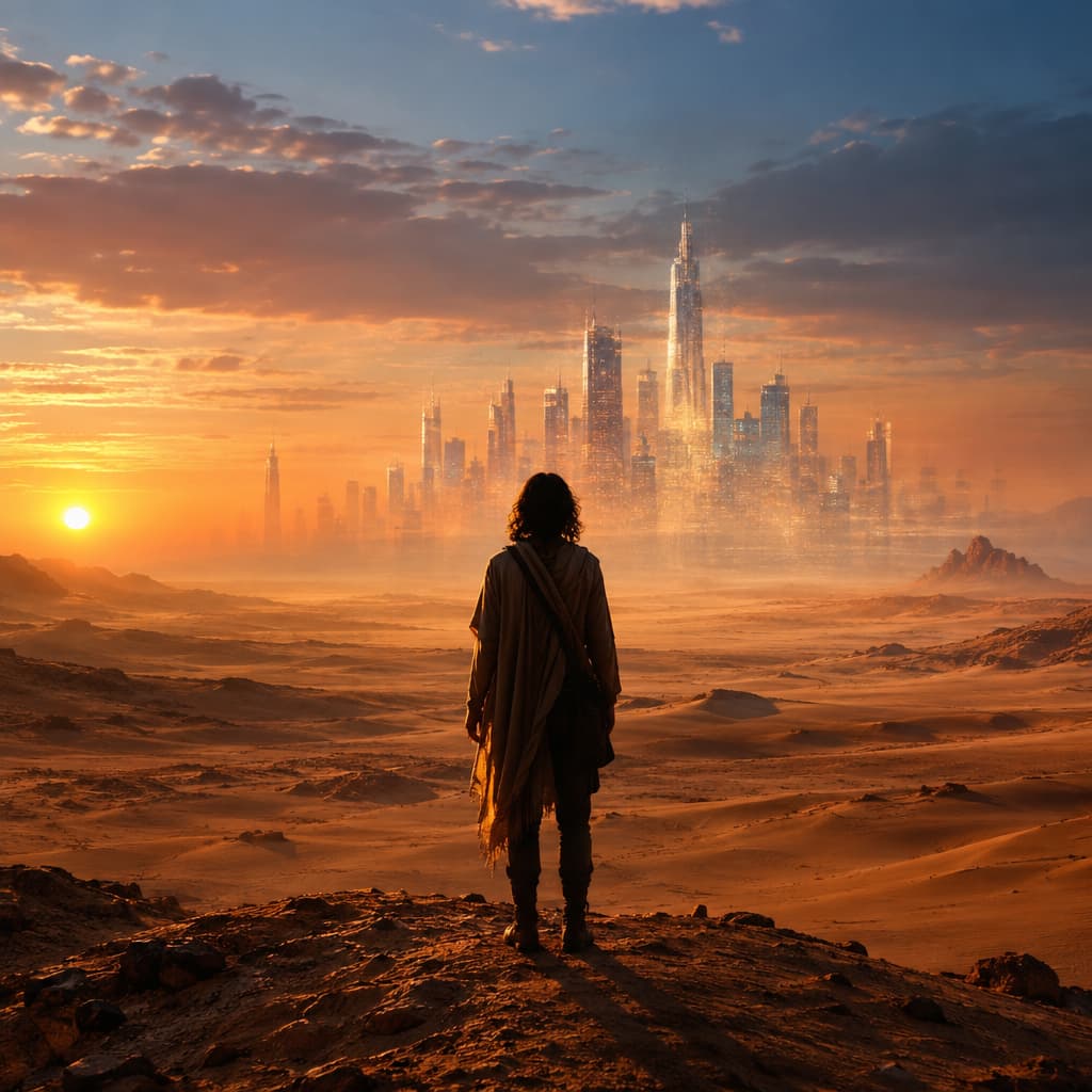 A figure stands at the edge of a cliff, gazing at a vast, clear sky with illuminated pathways connecting scattered islands of illusion.