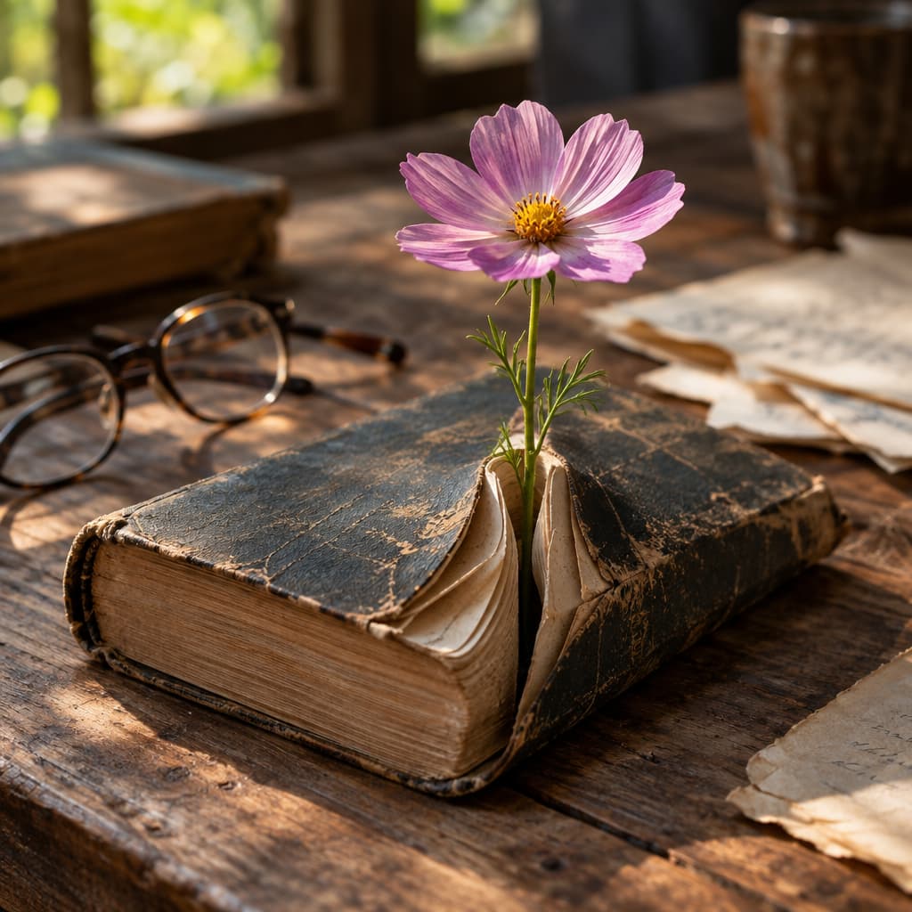 A single flower growing through a crack in a weathered book cover, pages gently parted by its stem.