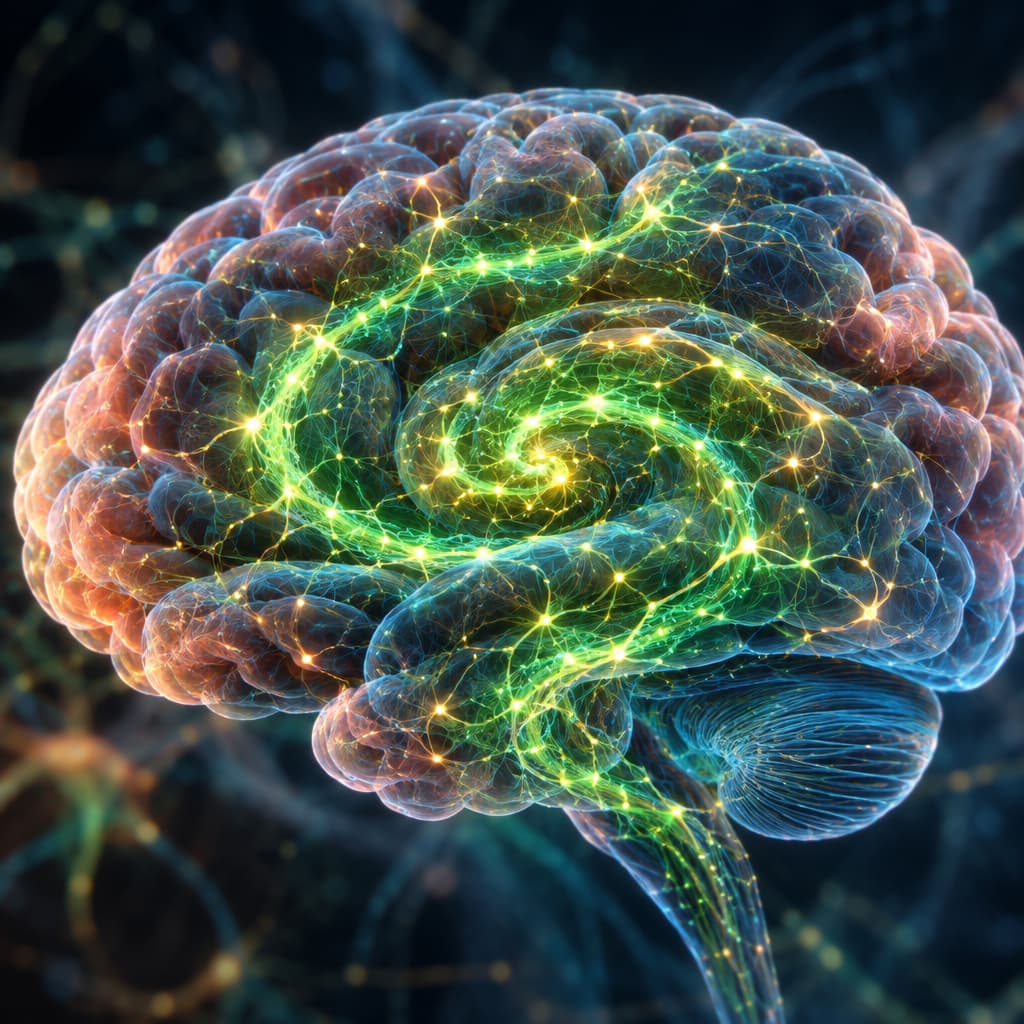 A vibrant green pathway made of neural connections winding through a human brain, symbolizing neuroplasticity and lifelong learning.