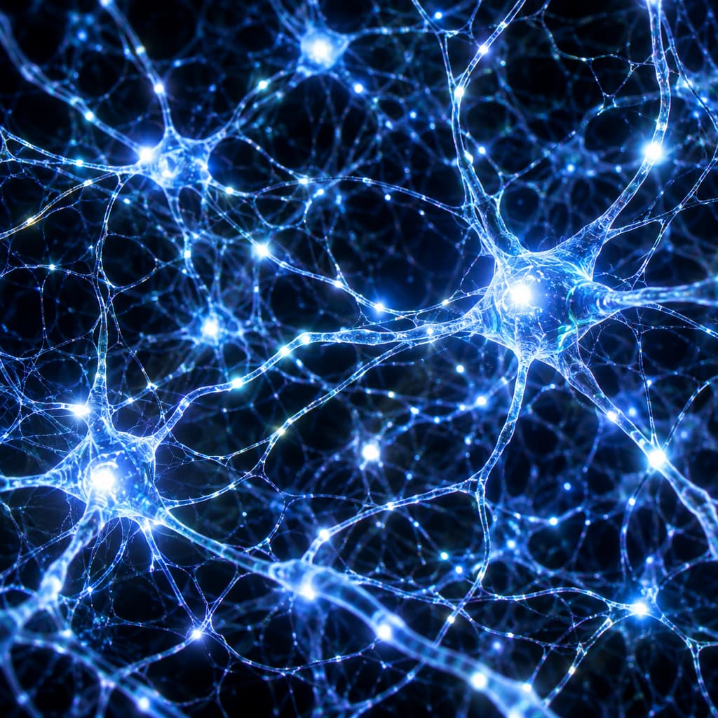 A complex network of illuminated neural pathways in shades of blue and white against a dark background, representing AI interpretation and understanding processes.