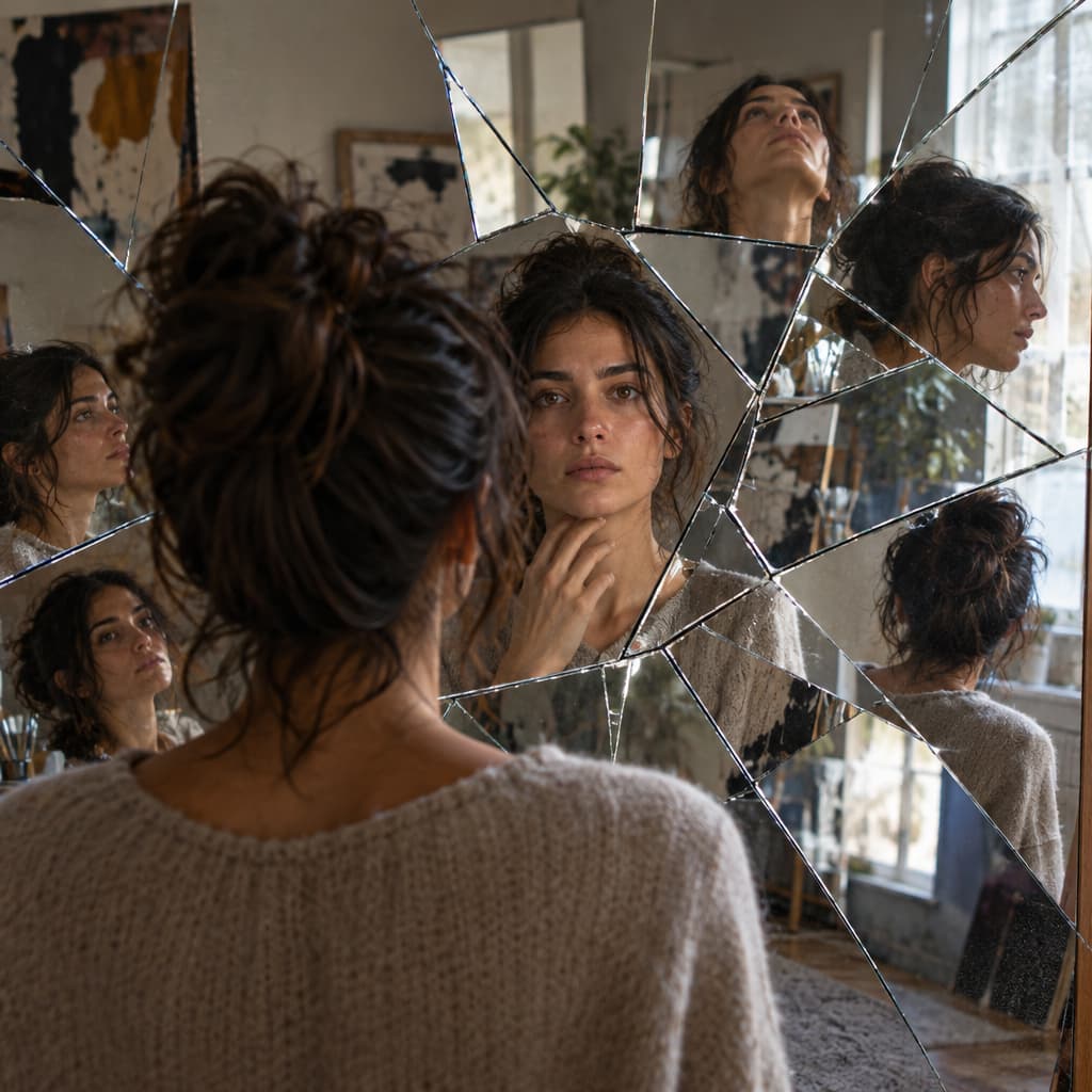 A woman stands before a cracked mirror, discovering new reflections of herself symbolizing newfound perspectives and truths.