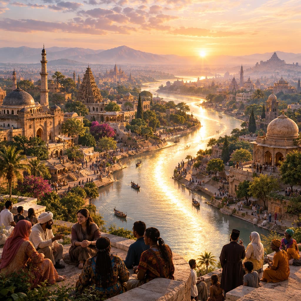 A winding river forms a luminous path through an ancient city at dawn, with people from various cultures gathering along its banks.