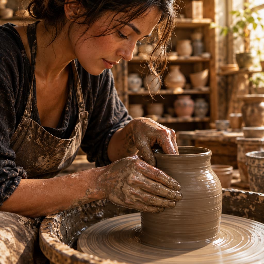 A focused potter immersed in shaping clay on a potter's wheel, capturing a moment of personal liberation and fulfillment.