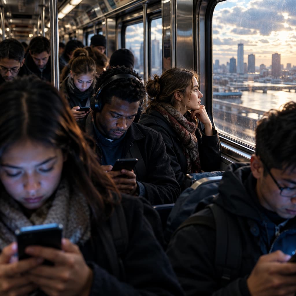A commuter train with passengers absorbed in their phones, one person staring thoughtfully out the window.