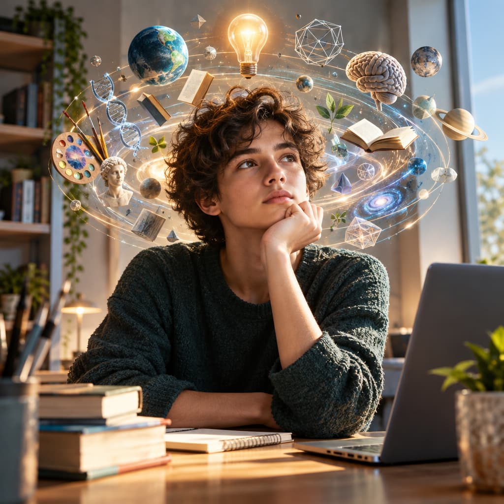 A young student sitting in deep thought, surrounded by floating symbols and abstract ideas.