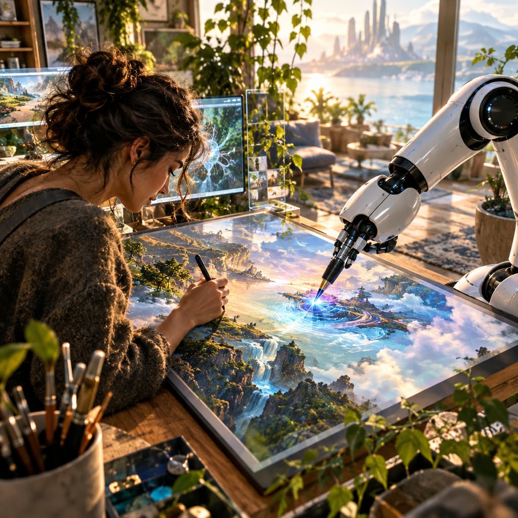 A futuristic workspace with humans and machines in seamless collaboration, highlighting the creative network.