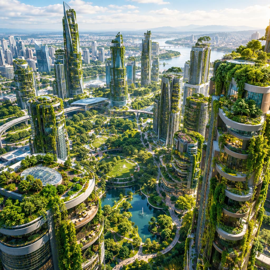 A futuristic cityscape with towering skyscrapers seamlessly intertwined with lush greenery, vertical gardens, and green rooftops.
