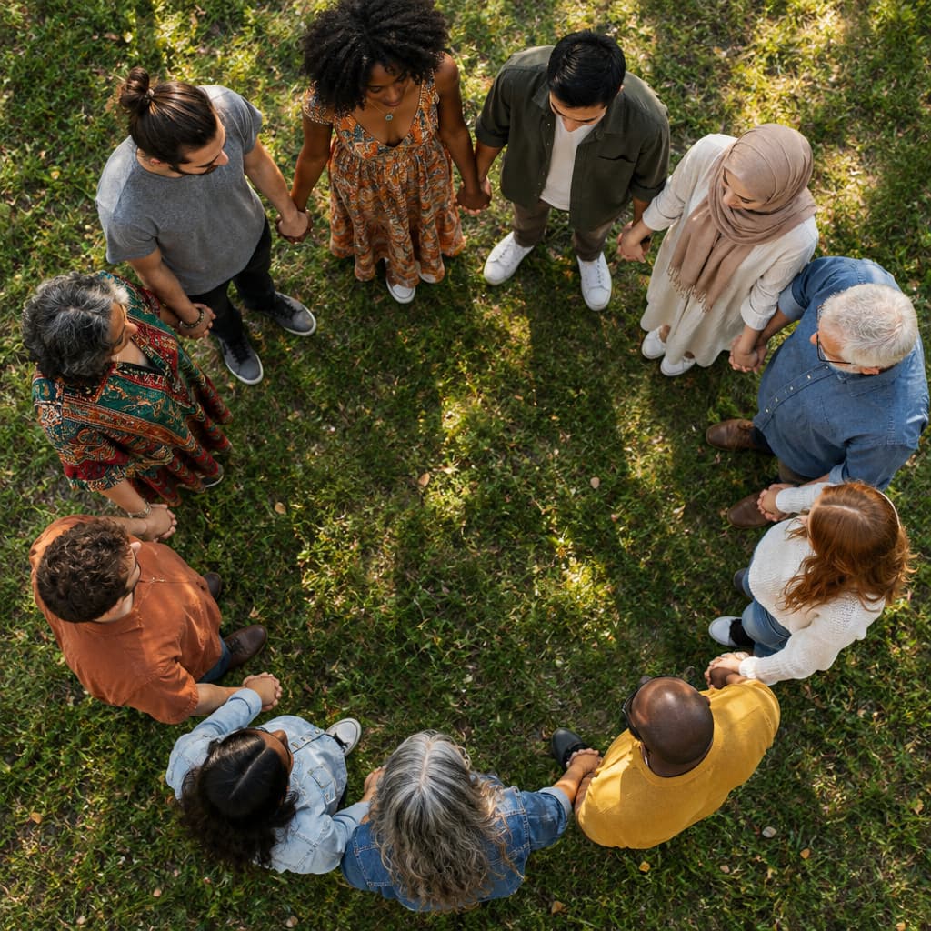 A diverse group of individuals in a circle, holding hands, each reflecting different cultural backgrounds and ages.