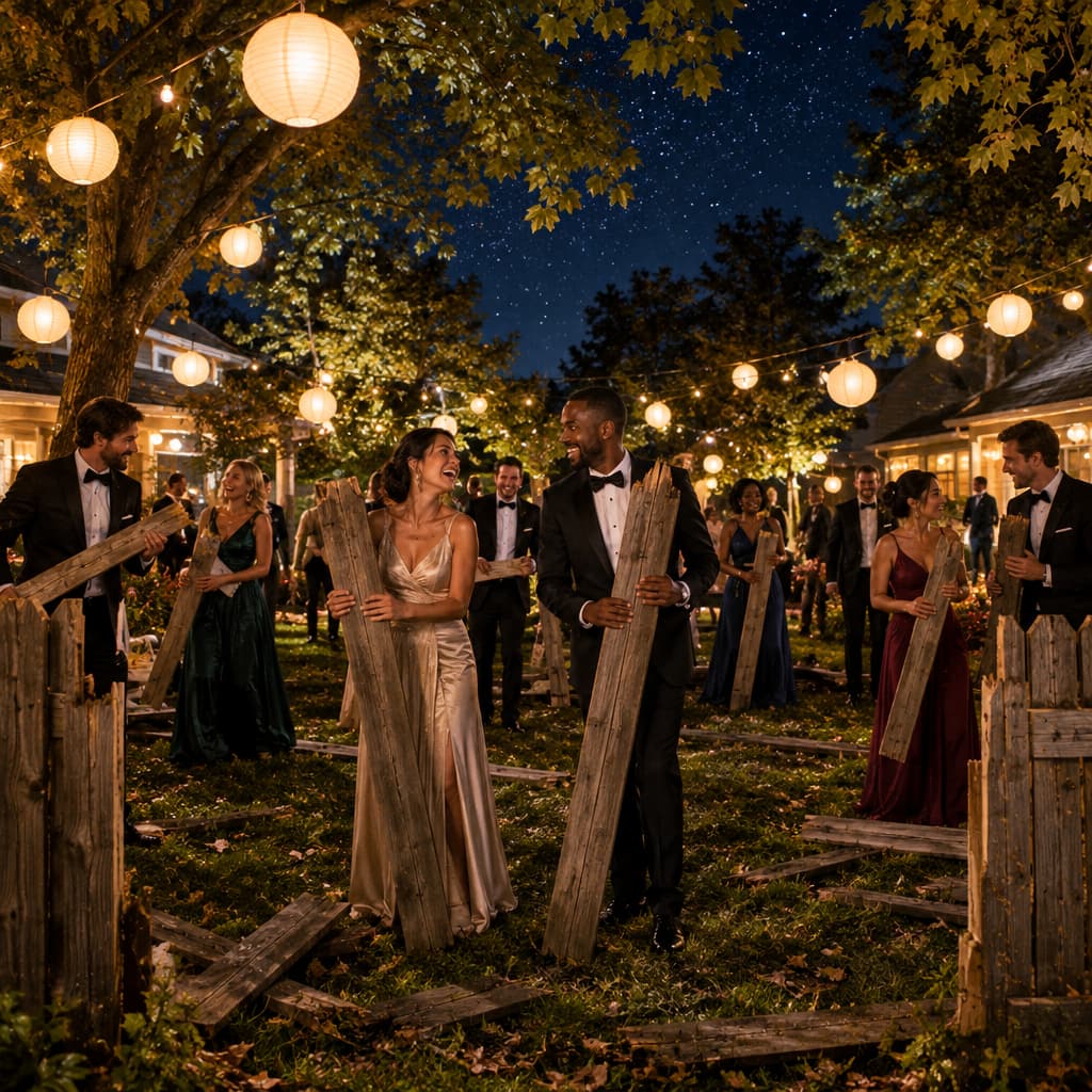Elegant wedding guests unite in dismantled fence scene
