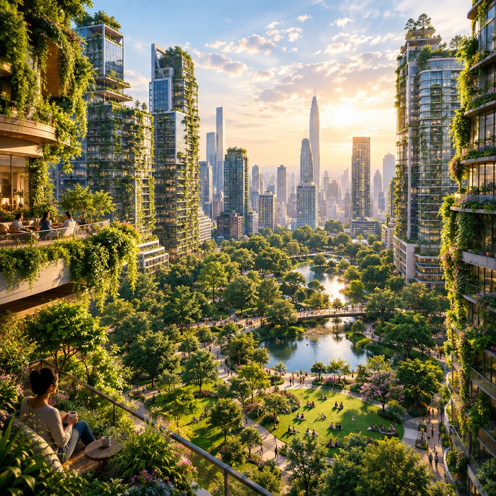 A lush, green urban oasis blending into the cityscape.
