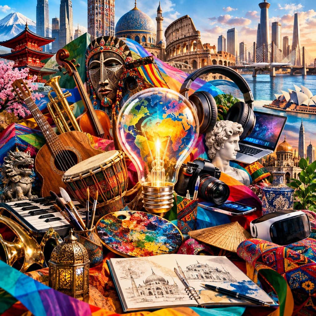 A vibrant collage symbolizing cultural diversity fueling creativity.